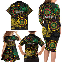 Vanuatu Personalized Aboriginal Arts Family Matching Long Sleeve Bodycon Dress and Hawaiian Shirt Turtle and Iguana Special - Polynesian Pride