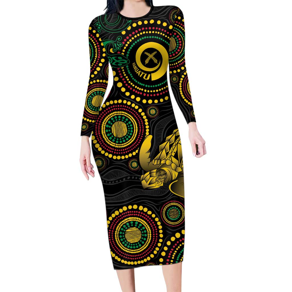 Vanuatu Personalized Aboriginal Arts Family Matching Long Sleeve Bodycon Dress and Hawaiian Shirt Turtle and Iguana Special - Polynesian Pride