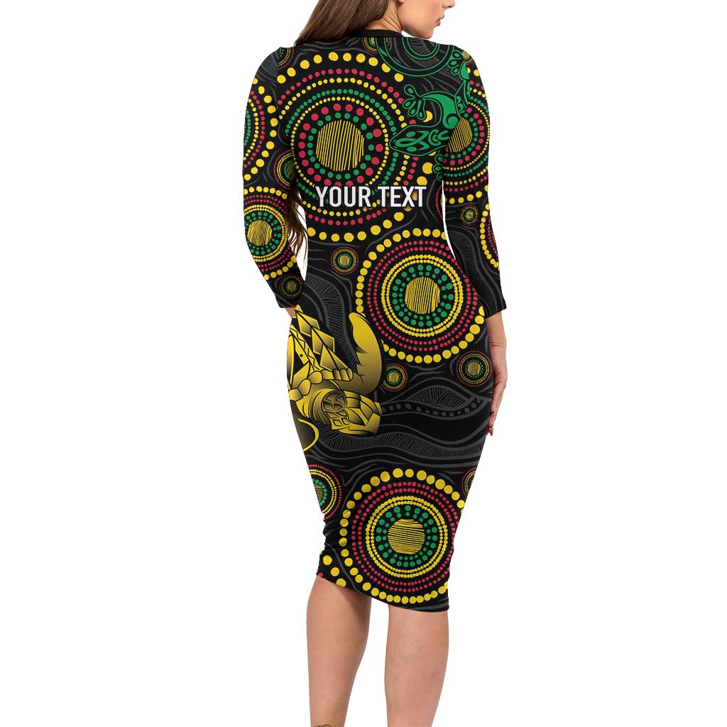Vanuatu Personalized Aboriginal Arts Family Matching Long Sleeve Bodycon Dress and Hawaiian Shirt Turtle and Iguana Special - Polynesian Pride