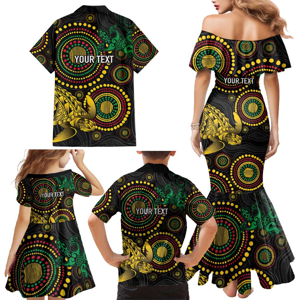 Vanuatu Personalized Aboriginal Arts Family Matching Mermaid Dress and Hawaiian Shirt Turtle and Iguana Special - Polynesian Pride