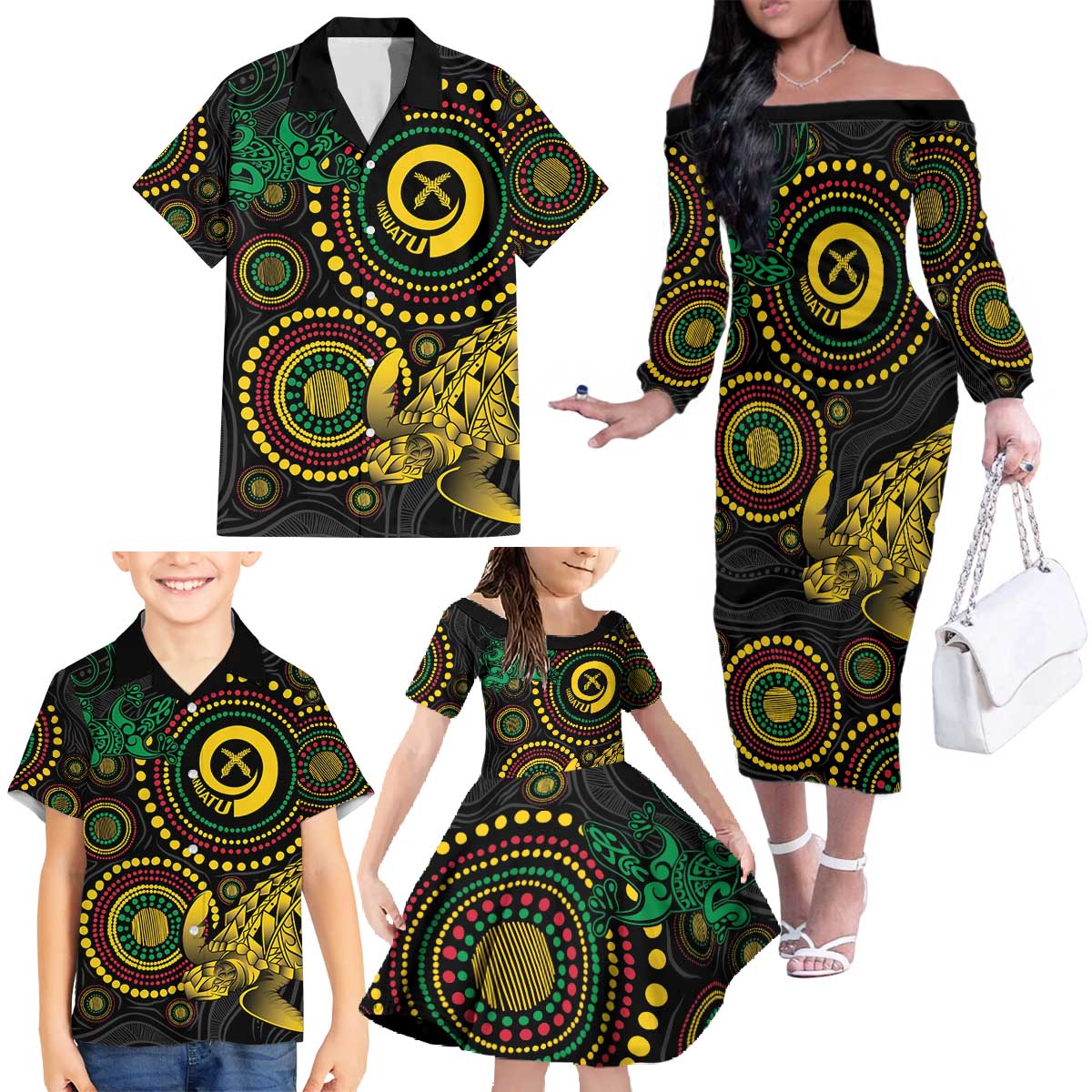 Vanuatu Personalized Aboriginal Arts Family Matching Off The Shoulder Long Sleeve Dress and Hawaiian Shirt Turtle and Iguana Special - Polynesian Pride