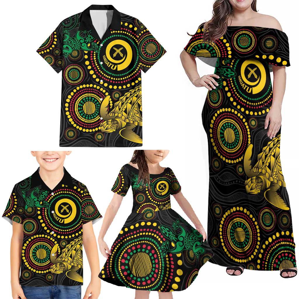 Vanuatu Personalized Aboriginal Arts Family Matching Off Shoulder Maxi Dress and Hawaiian Shirt Turtle and Iguana Special - Polynesian Pride