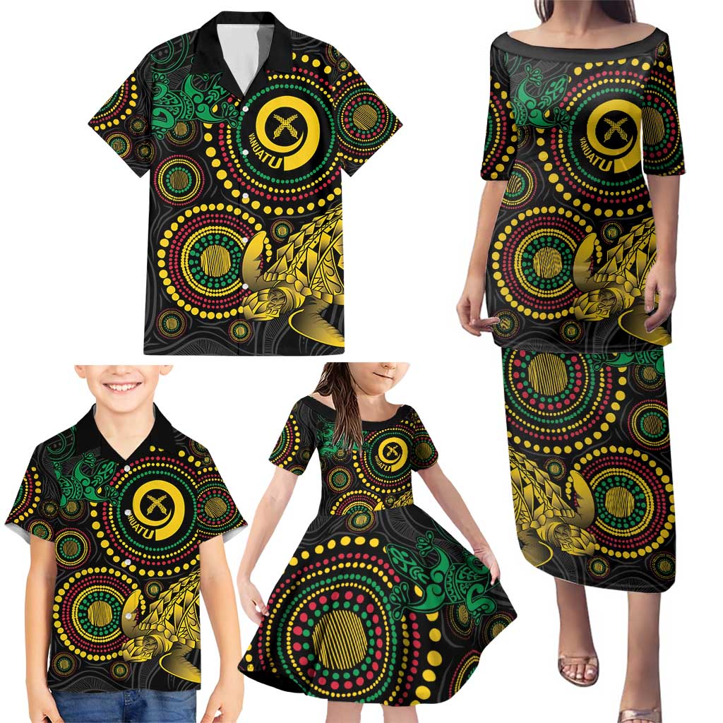 Vanuatu Personalized Aboriginal Arts Family Matching Puletasi and Hawaiian Shirt Turtle and Iguana Special - Polynesian Pride