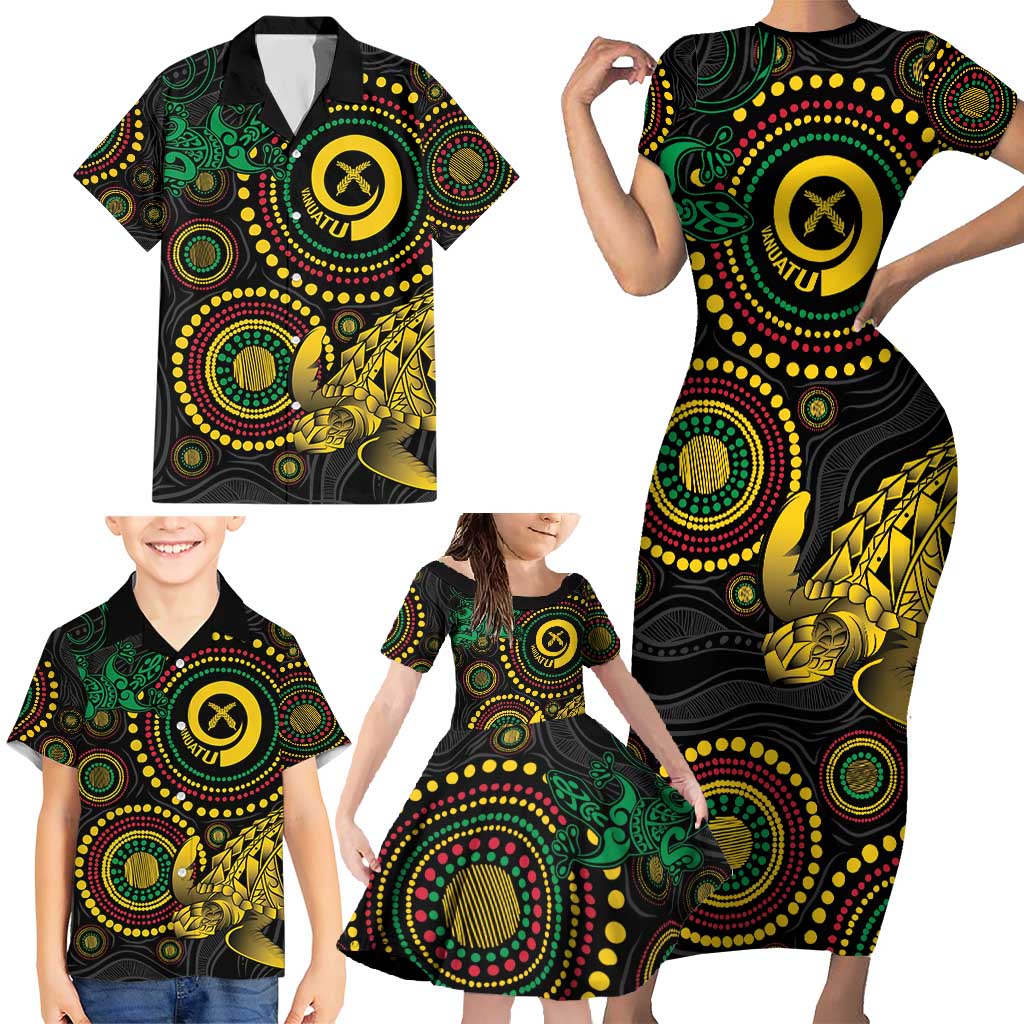 Vanuatu Personalized Aboriginal Arts Family Matching Short Sleeve Bodycon Dress and Hawaiian Shirt Turtle and Iguana Special - Polynesian Pride
