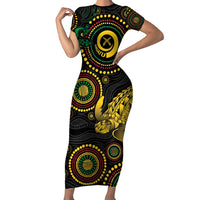 Vanuatu Personalized Aboriginal Arts Family Matching Short Sleeve Bodycon Dress and Hawaiian Shirt Turtle and Iguana Special - Polynesian Pride