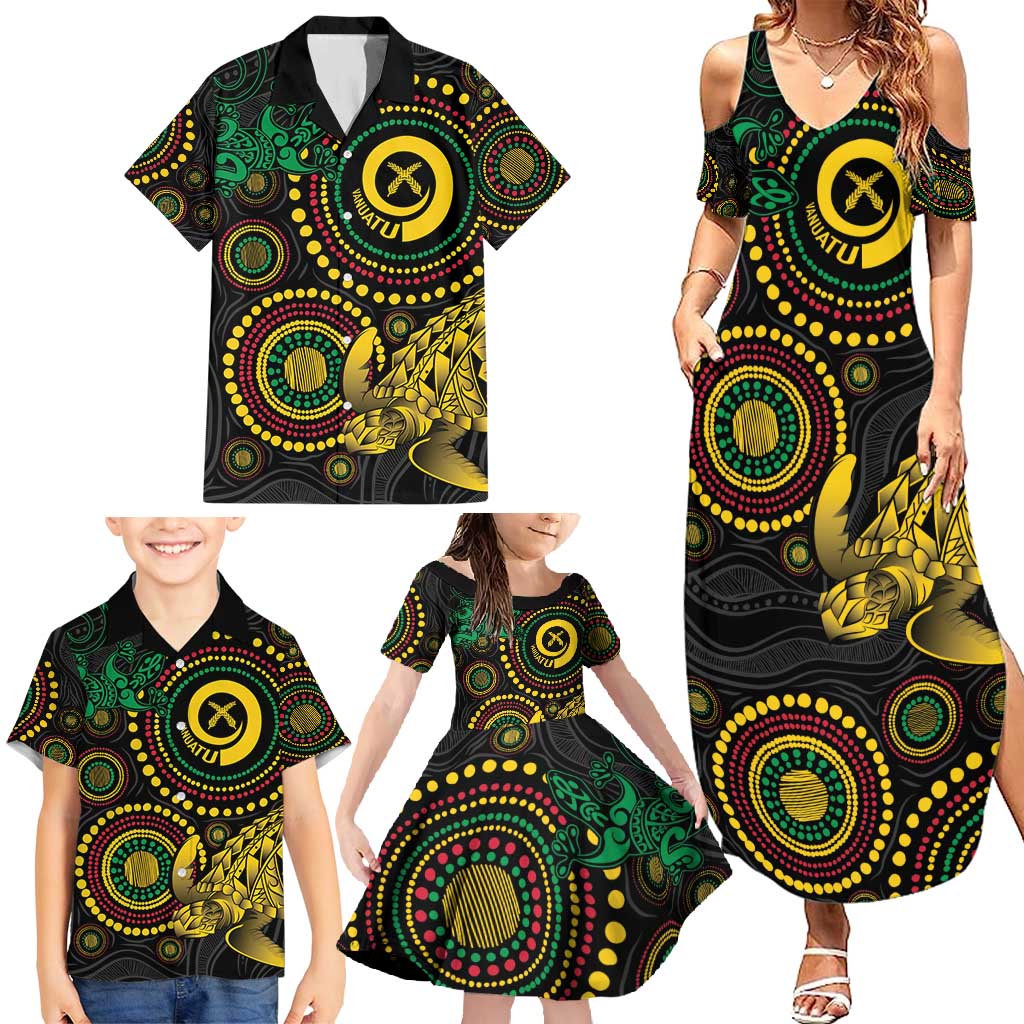 Vanuatu Personalized Aboriginal Arts Family Matching Summer Maxi Dress and Hawaiian Shirt Turtle and Iguana Special - Polynesian Pride