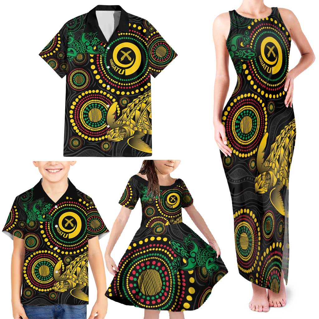Vanuatu Personalized Aboriginal Arts Family Matching Tank Maxi Dress and Hawaiian Shirt Turtle and Iguana Special - Polynesian Pride