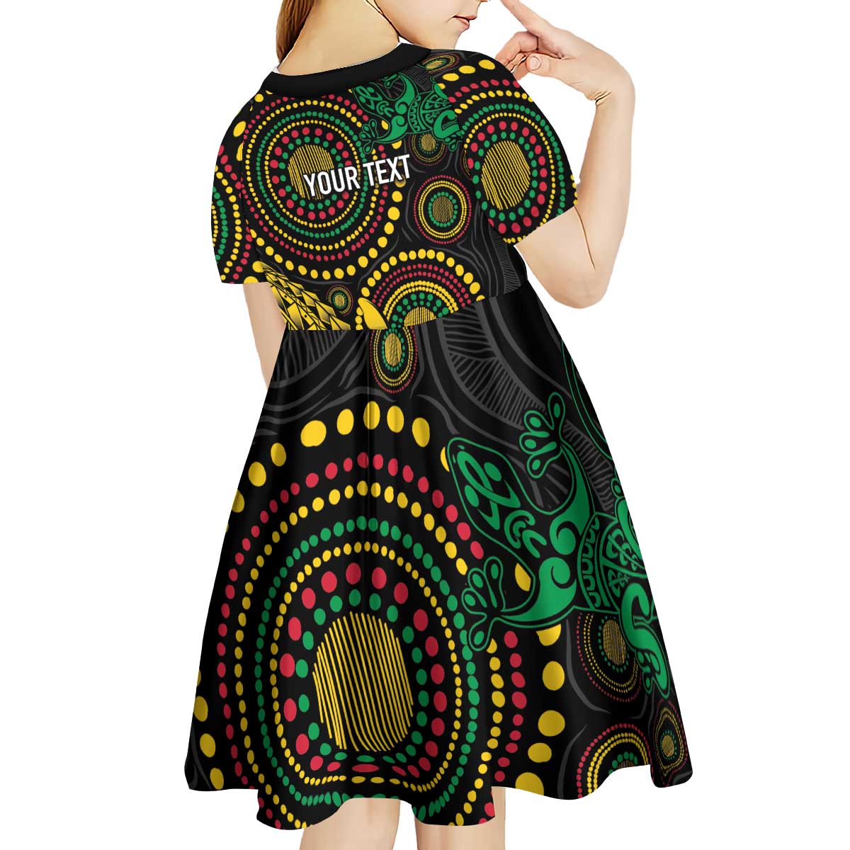 Vanuatu Personalized Aboriginal Arts Kid Short Sleeve Dress Turtle and Iguana Special - Polynesian Pride