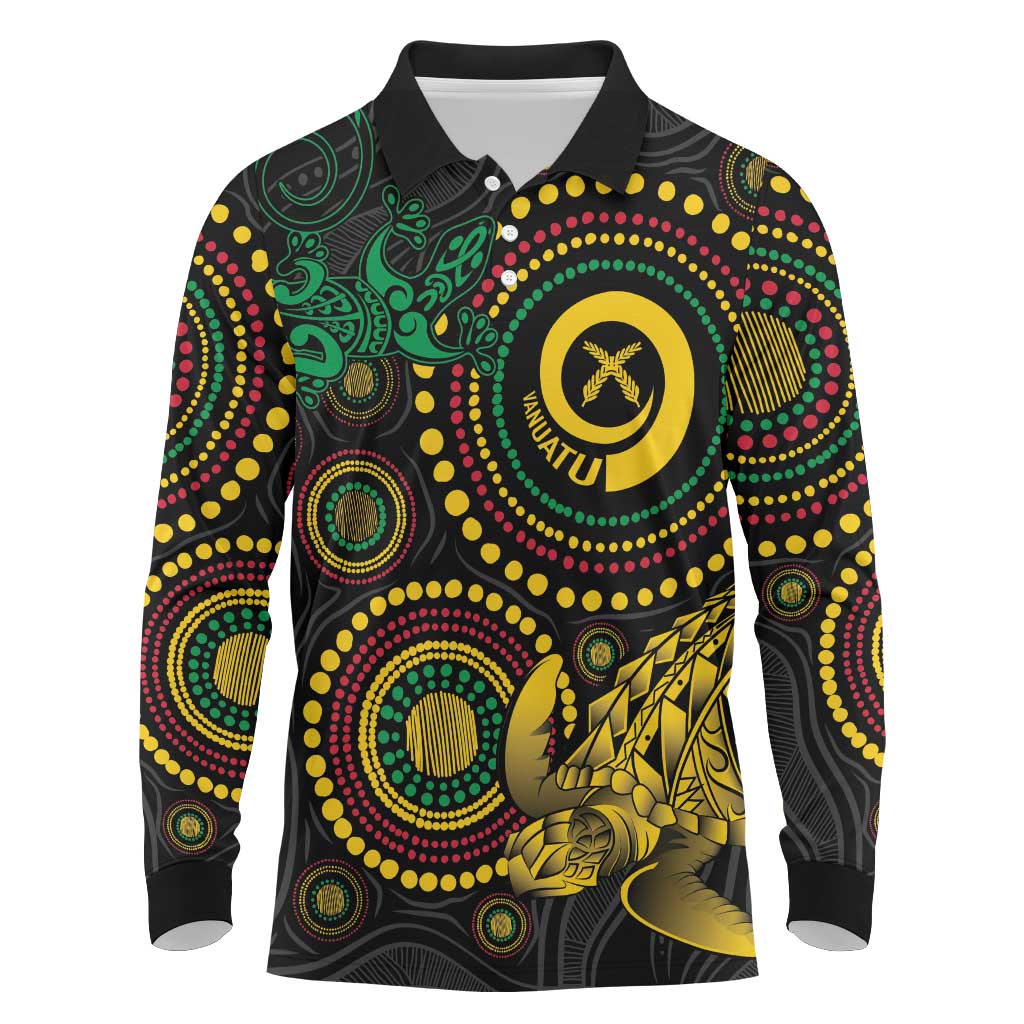 Vanuatu Personalized Aboriginal Arts Long Sleeve Polo Shirt Turtle and Iguana Special - Polynesian Pride