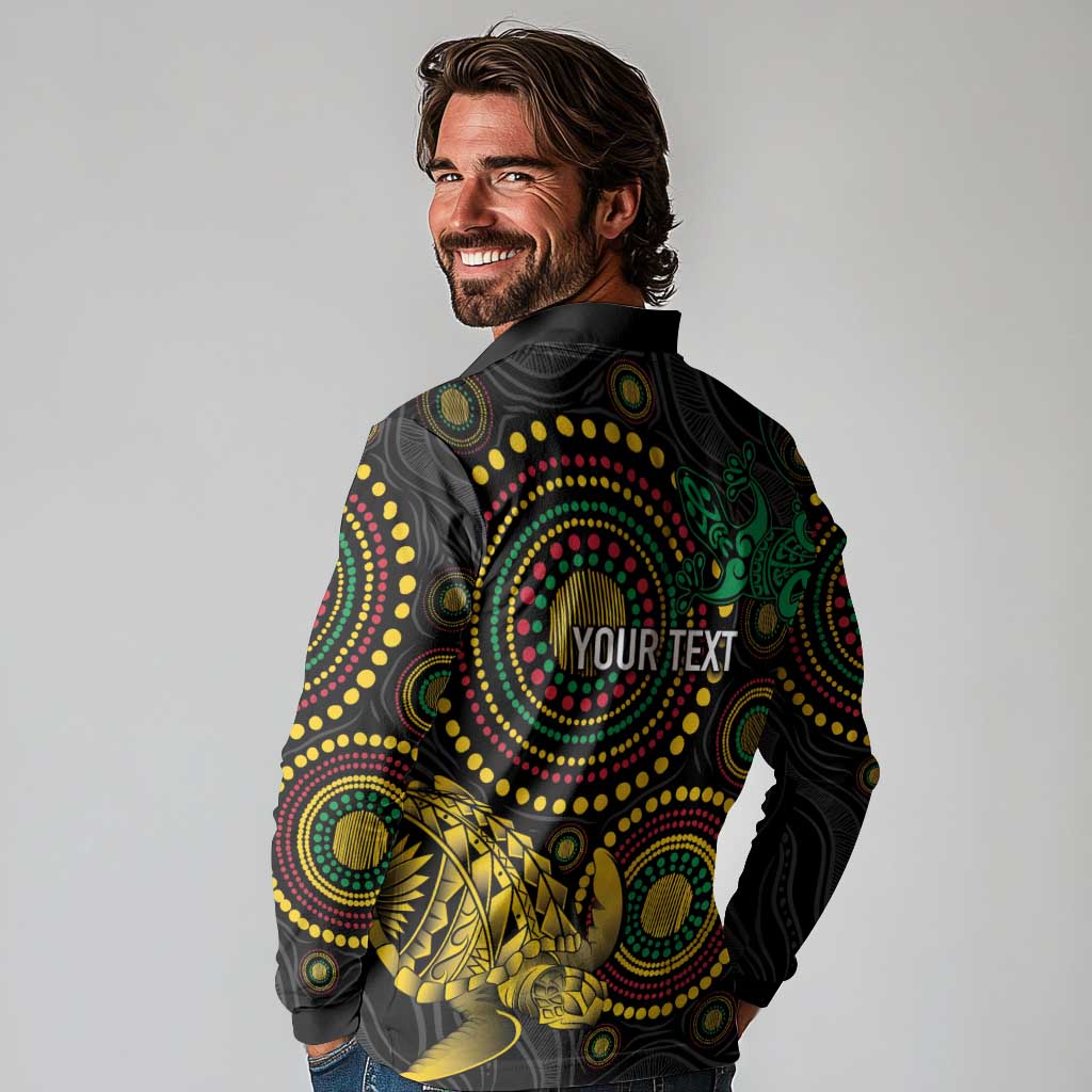Vanuatu Personalized Aboriginal Arts Long Sleeve Polo Shirt Turtle and Iguana Special - Polynesian Pride