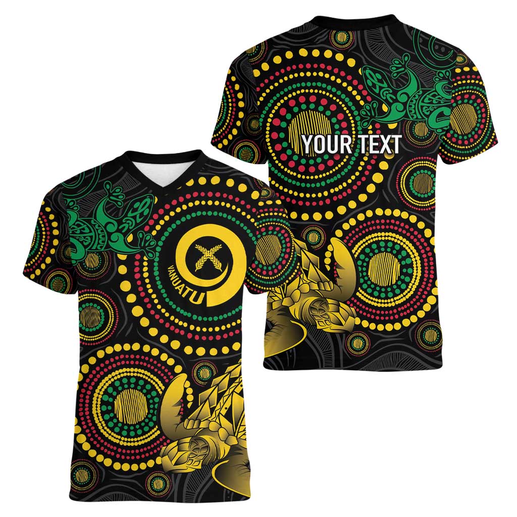 Vanuatu Personalized Aboriginal Arts Women V-Neck T-Shirt Turtle and Iguana Special - Polynesian Pride
