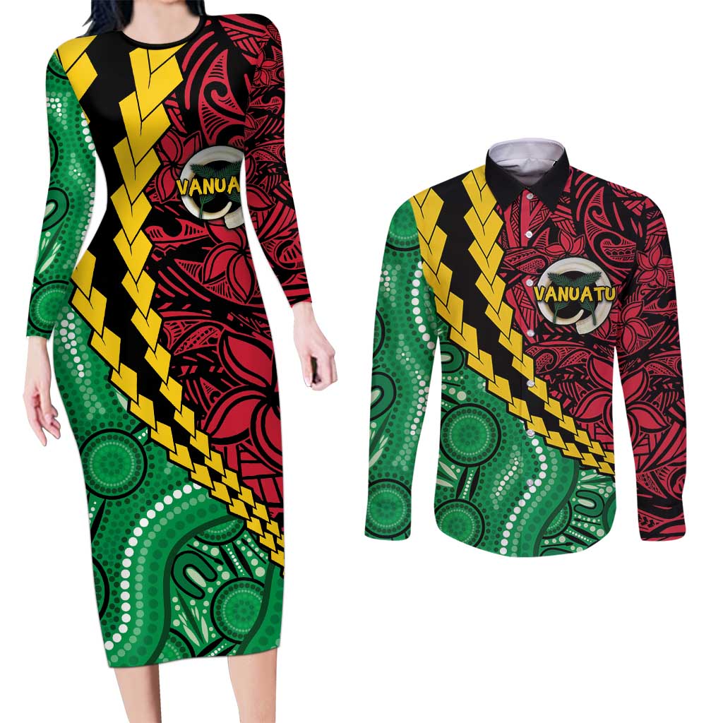 Vanuatu Personalized Tribal Couples Matching Long Sleeve Bodycon Dress and Long Sleeve Button Shirt Aboriginal Inspired Mix Style - Polynesian Pride