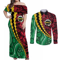 Vanuatu Personalized Tribal Couples Matching Off Shoulder Maxi Dress and Long Sleeve Button Shirt Aboriginal Inspired Mix Style - Polynesian Pride