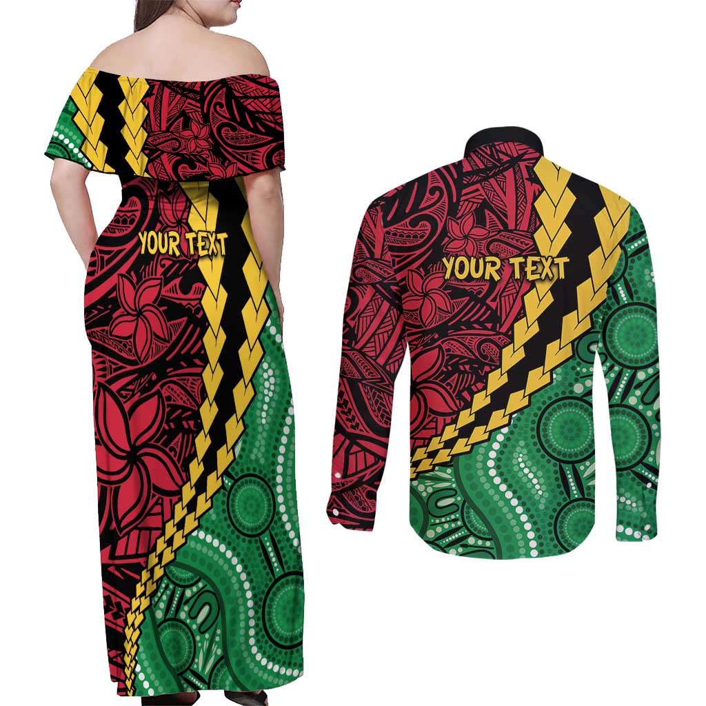 Vanuatu Personalized Tribal Couples Matching Off Shoulder Maxi Dress and Long Sleeve Button Shirt Aboriginal Inspired Mix Style - Polynesian Pride