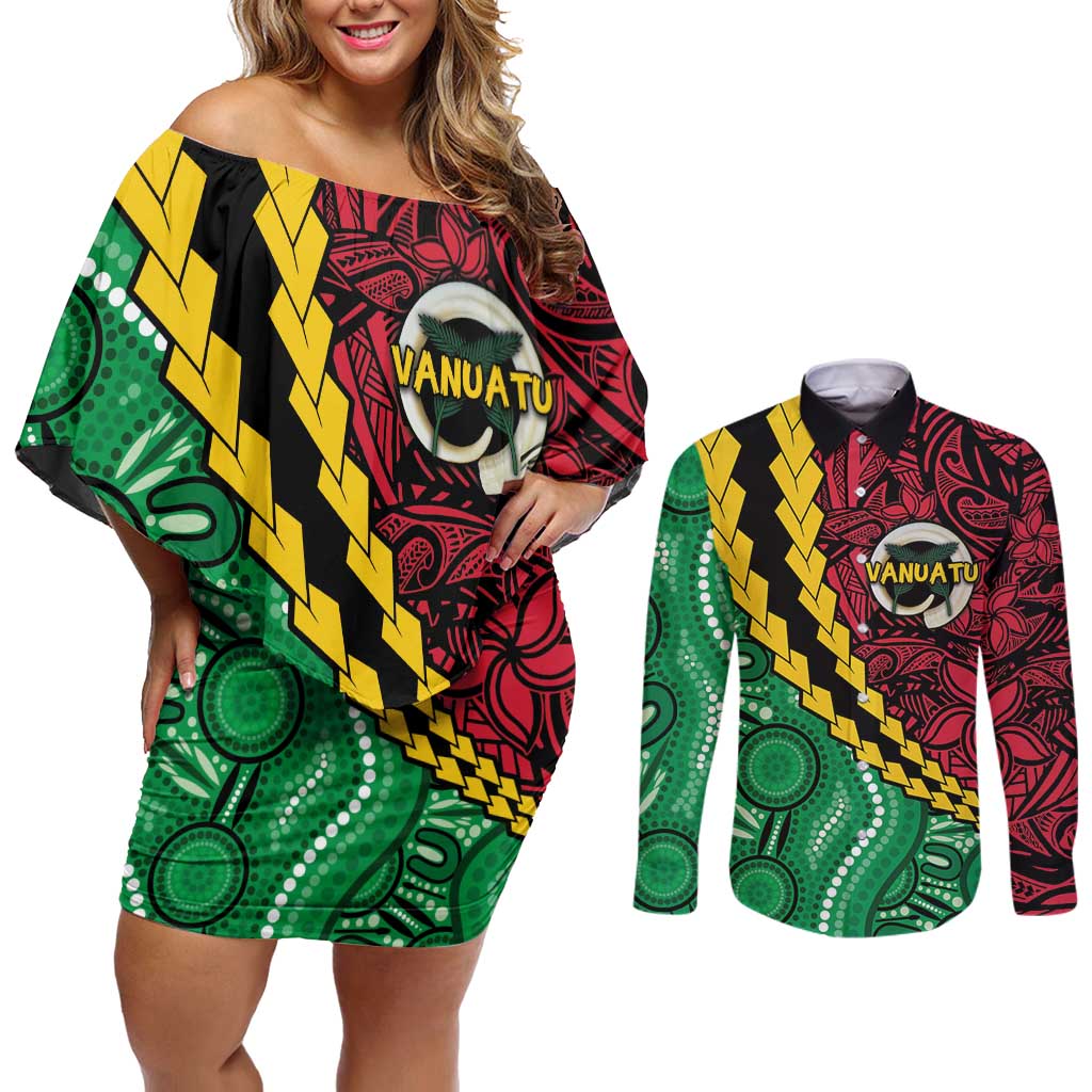 Vanuatu Personalized Tribal Couples Matching Off Shoulder Short Dress and Long Sleeve Button Shirt Aboriginal Inspired Mix Style - Polynesian Pride