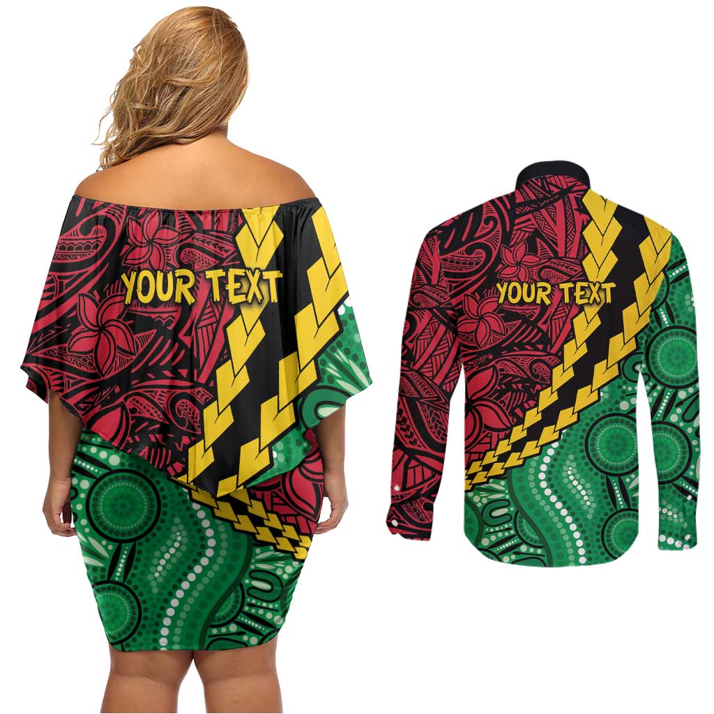 Vanuatu Personalized Tribal Couples Matching Off Shoulder Short Dress and Long Sleeve Button Shirt Aboriginal Inspired Mix Style - Polynesian Pride