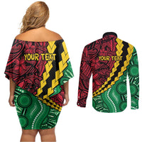Vanuatu Personalized Tribal Couples Matching Off Shoulder Short Dress and Long Sleeve Button Shirt Aboriginal Inspired Mix Style - Polynesian Pride
