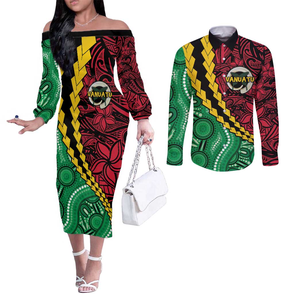 Vanuatu Personalized Tribal Couples Matching Off The Shoulder Long Sleeve Dress and Long Sleeve Button Shirt Aboriginal Inspired Mix Style - Polynesian Pride