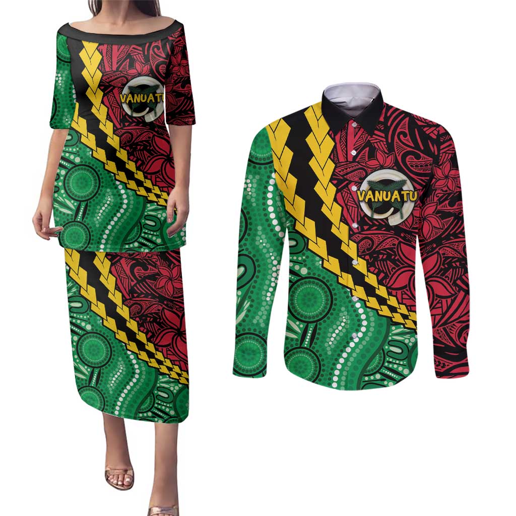 Vanuatu Personalized Tribal Couples Matching Puletasi and Long Sleeve Button Shirt Aboriginal Inspired Mix Style - Polynesian Pride