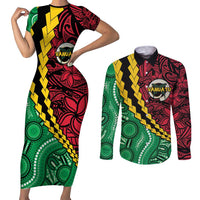 Vanuatu Personalized Tribal Couples Matching Short Sleeve Bodycon Dress and Long Sleeve Button Shirt Aboriginal Inspired Mix Style - Polynesian Pride