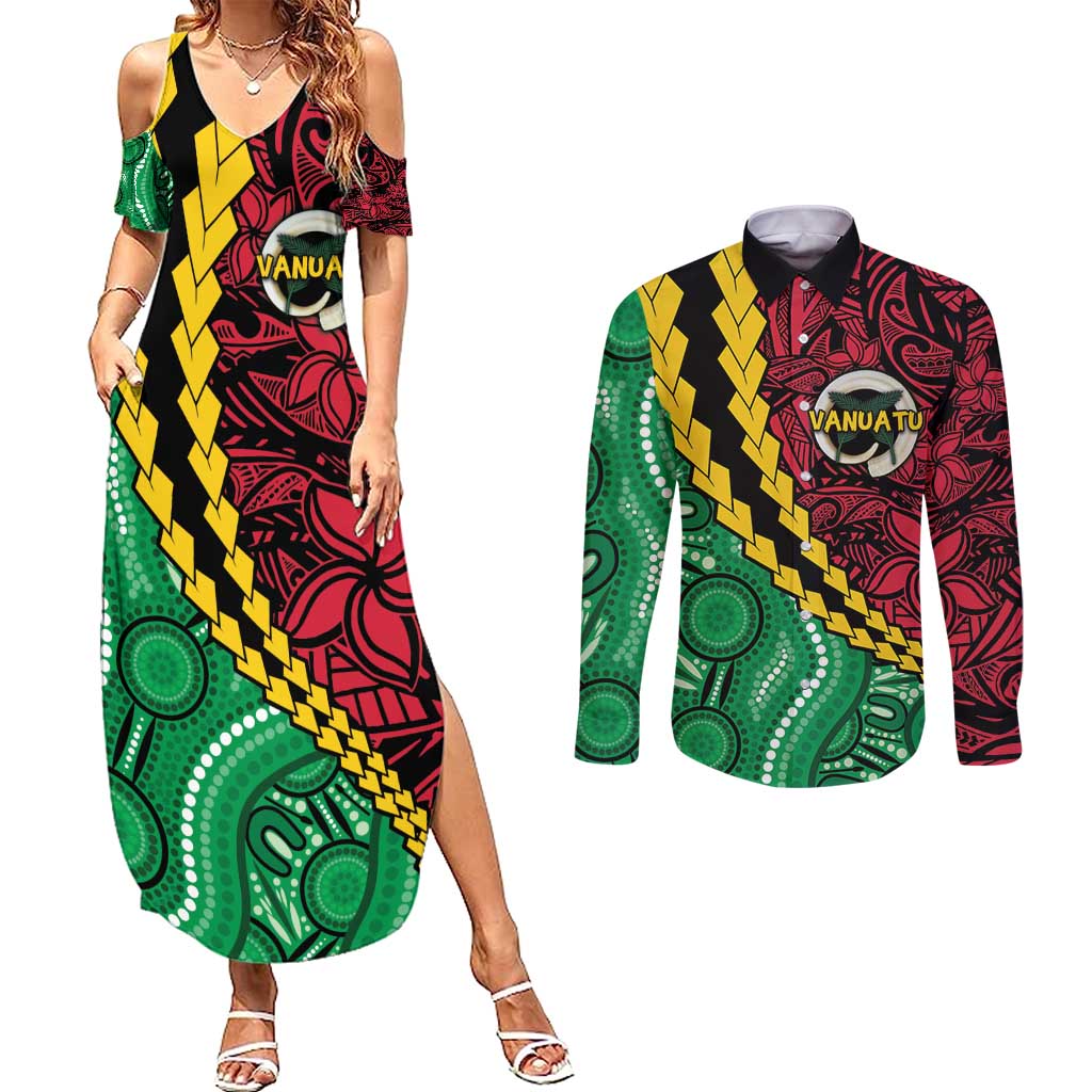 Vanuatu Personalized Tribal Couples Matching Summer Maxi Dress and Long Sleeve Button Shirt Aboriginal Inspired Mix Style - Polynesian Pride