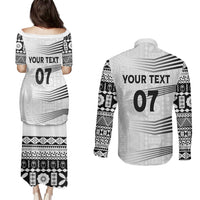 Personalised Fiji Rugby Couples Matching Puletasi Dress and Long Sleeve Button Shirts Kaiviti WC 2023 Jersey Replica - White LT7 - Polynesian Pride