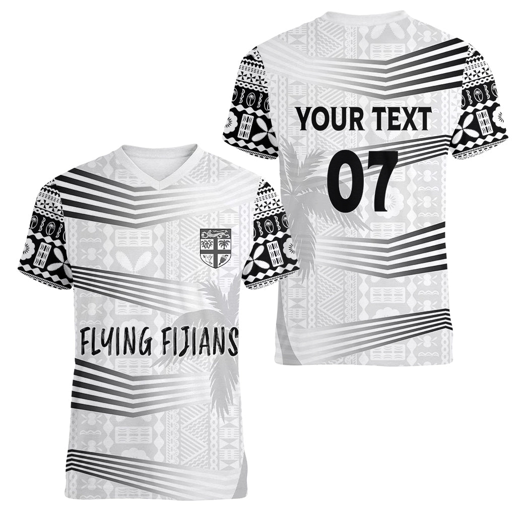 Personalised Fiji Rugby Women V Neck T Shirt Kaiviti WC 2023 Jersey Replica - White LT7 - Polynesian Pride