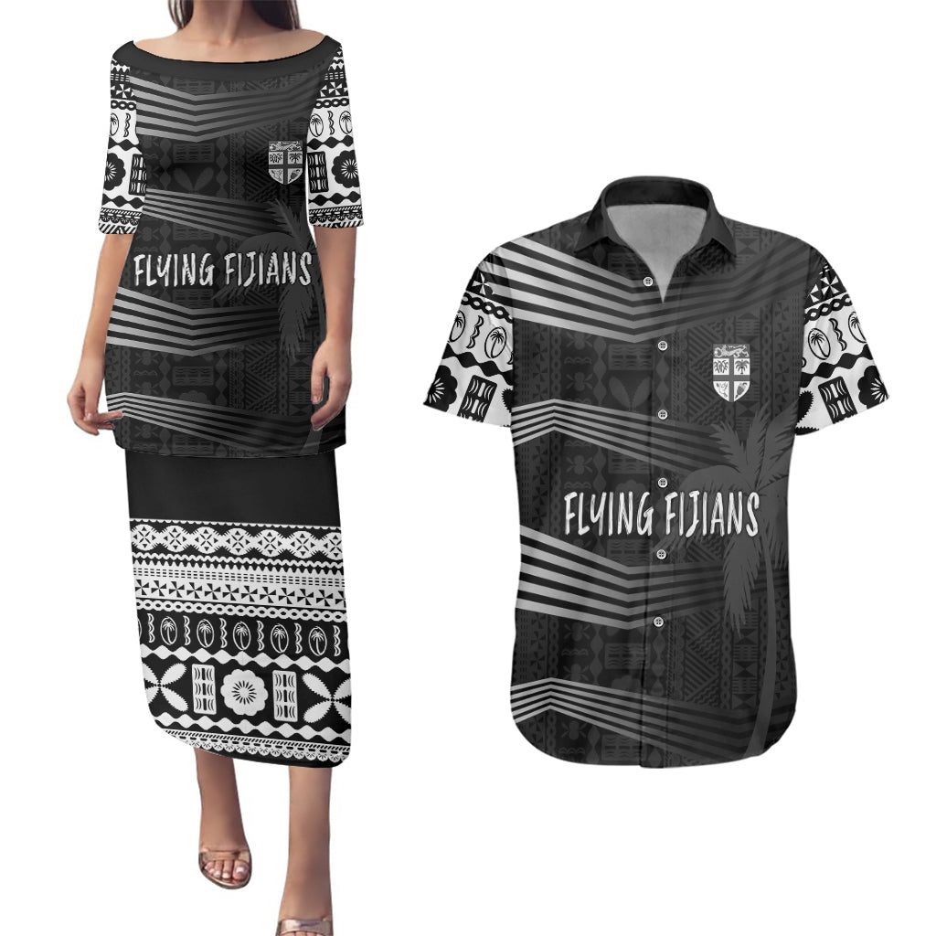 Personalised Fiji Rugby Couples Matching Puletasi Dress and Hawaiian Shirt Kaiviti WC 2023 Jersey Replica - Black LT7 Black - Polynesian Pride