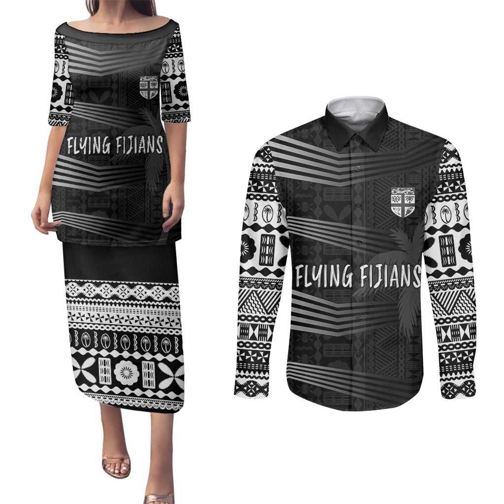 Personalised Fiji Rugby Couples Matching Puletasi Dress and Long Sleeve Button Shirts Kaiviti WC 2023 Jersey Replica - Black LT7 Black - Polynesian Pride