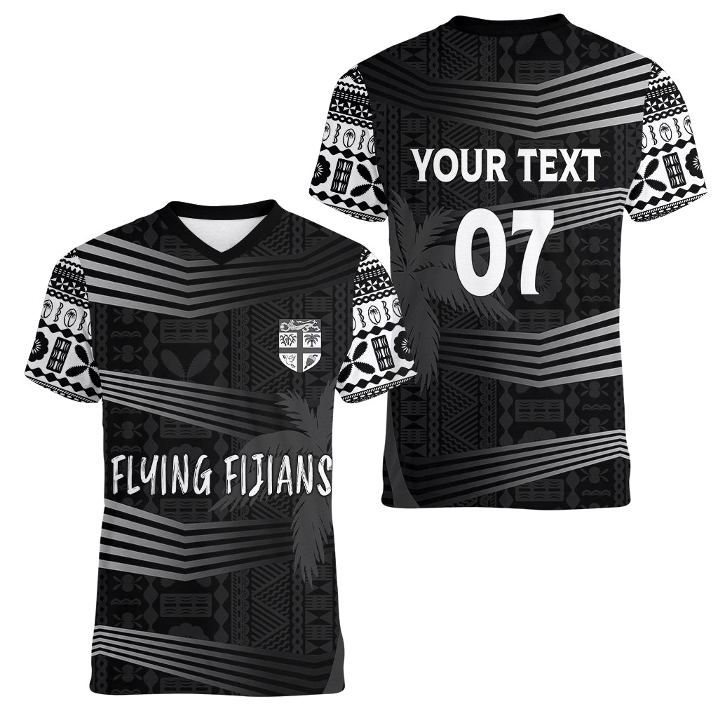 Personalised Fiji Rugby Women V Neck T Shirt Kaiviti WC 2023 Jersey Replica - Black LT7 - Polynesian Pride