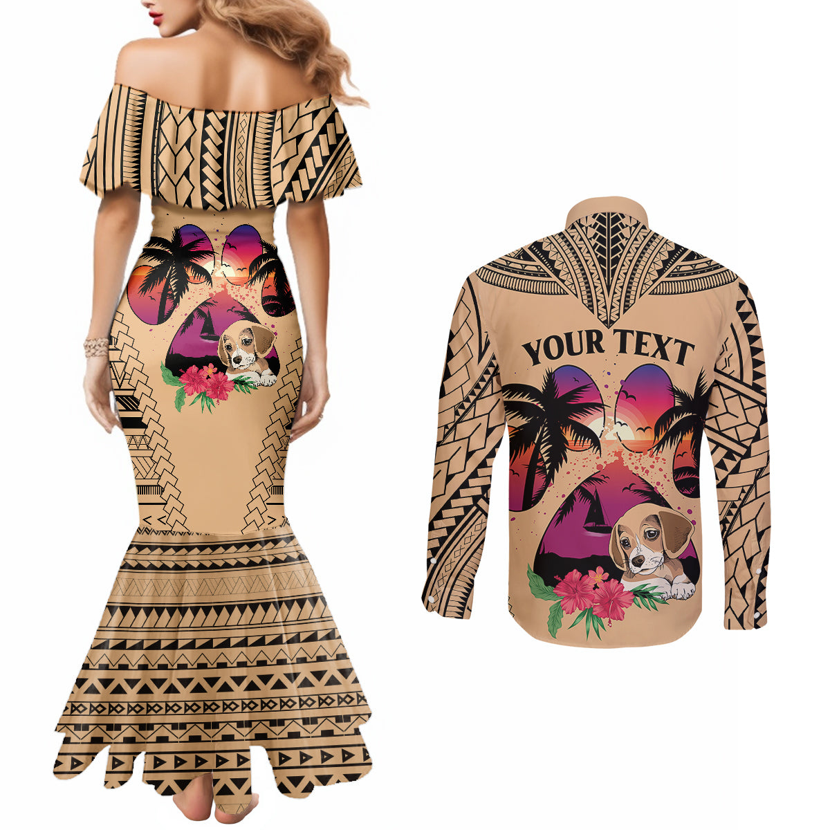 Personalised Polynesian Couples Matching Mermaid Dress and Long Sleeve Button Shirts Dog Lover With Beagle - Sunset At The Beach LT7 - Polynesian Pride