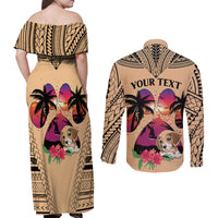 Personalised Polynesian Couples Matching Off Shoulder Maxi Dress and Long Sleeve Button Shirts Dog Lover With Beagle - Sunset At The Beach LT7 - Polynesian Pride
