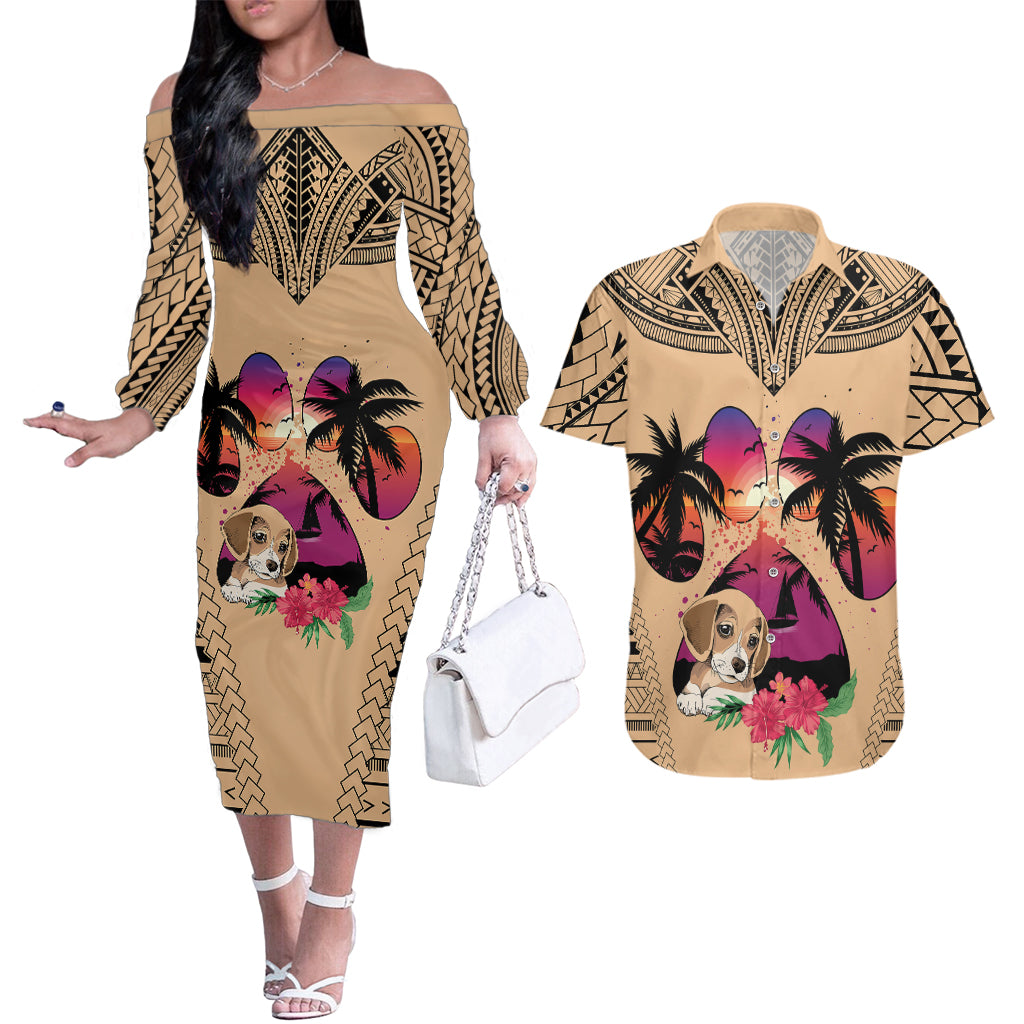 Personalised Polynesian Couples Matching Off The Shoulder Long Sleeve Dress and Hawaiian Shirt Dog Lover With Beagle - Sunset At The Beach LT7 Coral - Polynesian Pride