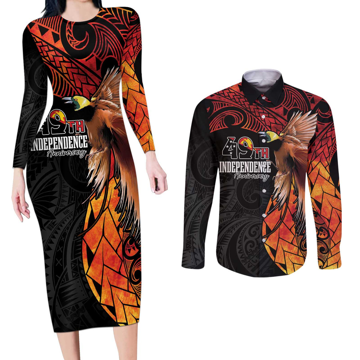 Papua New Guinea Personalised Couples Matching Long Sleeve Bodycon Dress and Long Sleeve Button Shirt Grunge Style 49th Independence Anni