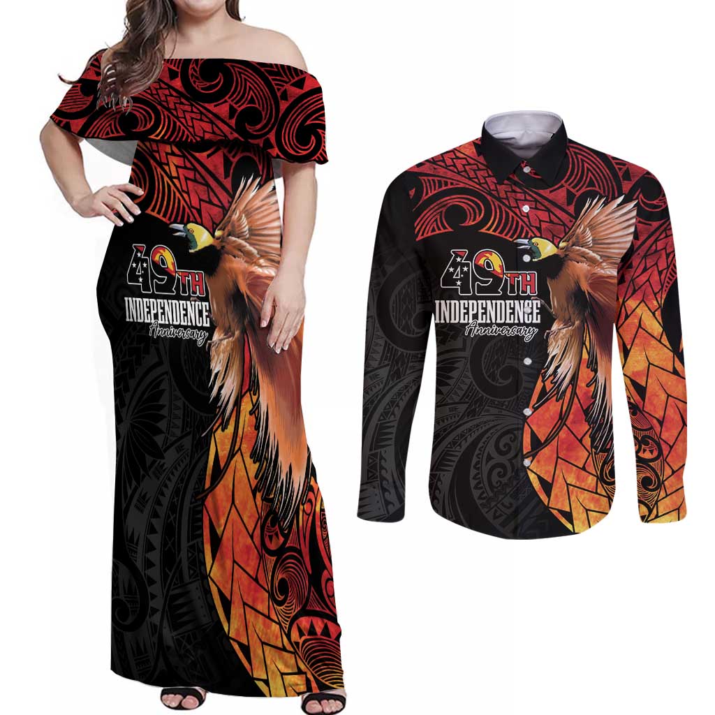 Papua New Guinea Personalised Couples Matching Off Shoulder Maxi Dress and Long Sleeve Button Shirt Grunge Style 49th Independence Anni