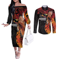 Papua New Guinea Personalised Couples Matching Off The Shoulder Long Sleeve Dress and Long Sleeve Button Shirt Grunge Style 49th Independence Anni