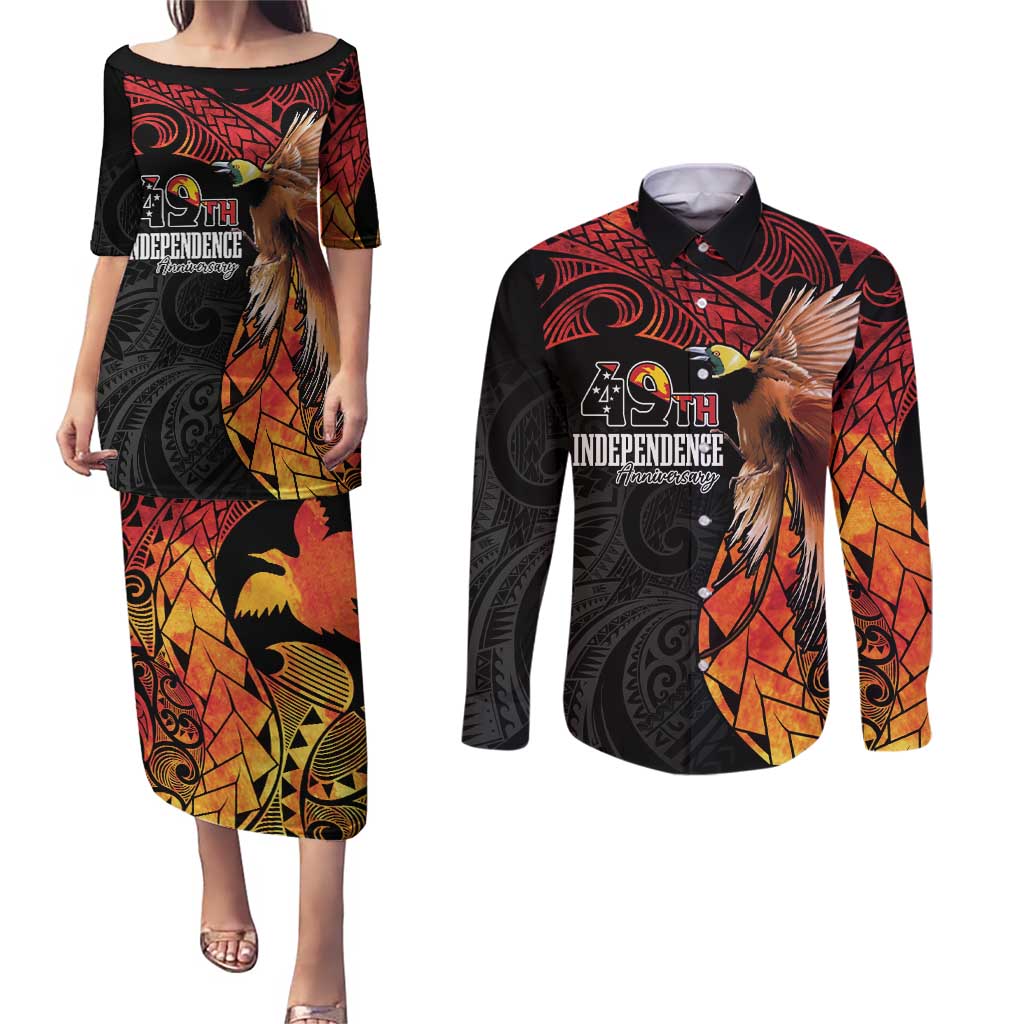 Papua New Guinea Personalised Couples Matching Puletasi and Long Sleeve Button Shirt Grunge Style 49th Independence Anni