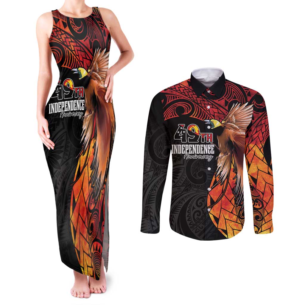 Papua New Guinea Personalised Couples Matching Tank Maxi Dress and Long Sleeve Button Shirt Grunge Style 49th Independence Anni