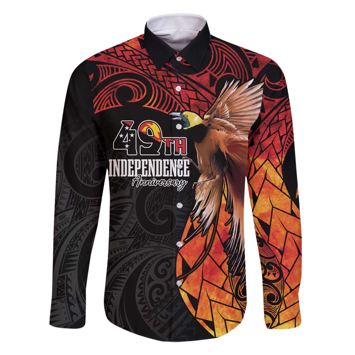 Papua New Guinea Personalised Family Matching Off The Shoulder Long Sleeve Dress and Hawaiian Shirt Grunge Style 49th Independence Anni LT7 Dad's Shirt - Long Sleeve Black Red - Polynesian Pride