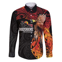 Papua New Guinea Personalised Family Matching Off The Shoulder Long Sleeve Dress and Hawaiian Shirt Grunge Style 49th Independence Anni LT7 Dad's Shirt - Long Sleeve Black Red - Polynesian Pride
