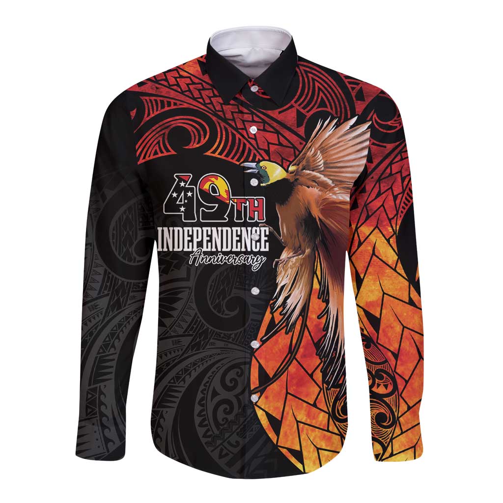 Papua New Guinea Personalised Long Sleeve Button Shirt Grunge Style 49th Independence Anni LT7 Unisex Black Red - Polynesian Pride