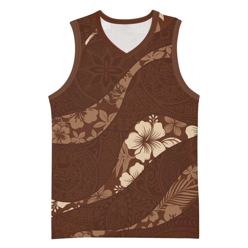 Aloha Hawaii Floral Tapa Basketball Jersey Patchwork Mocha - Polynesian Pride