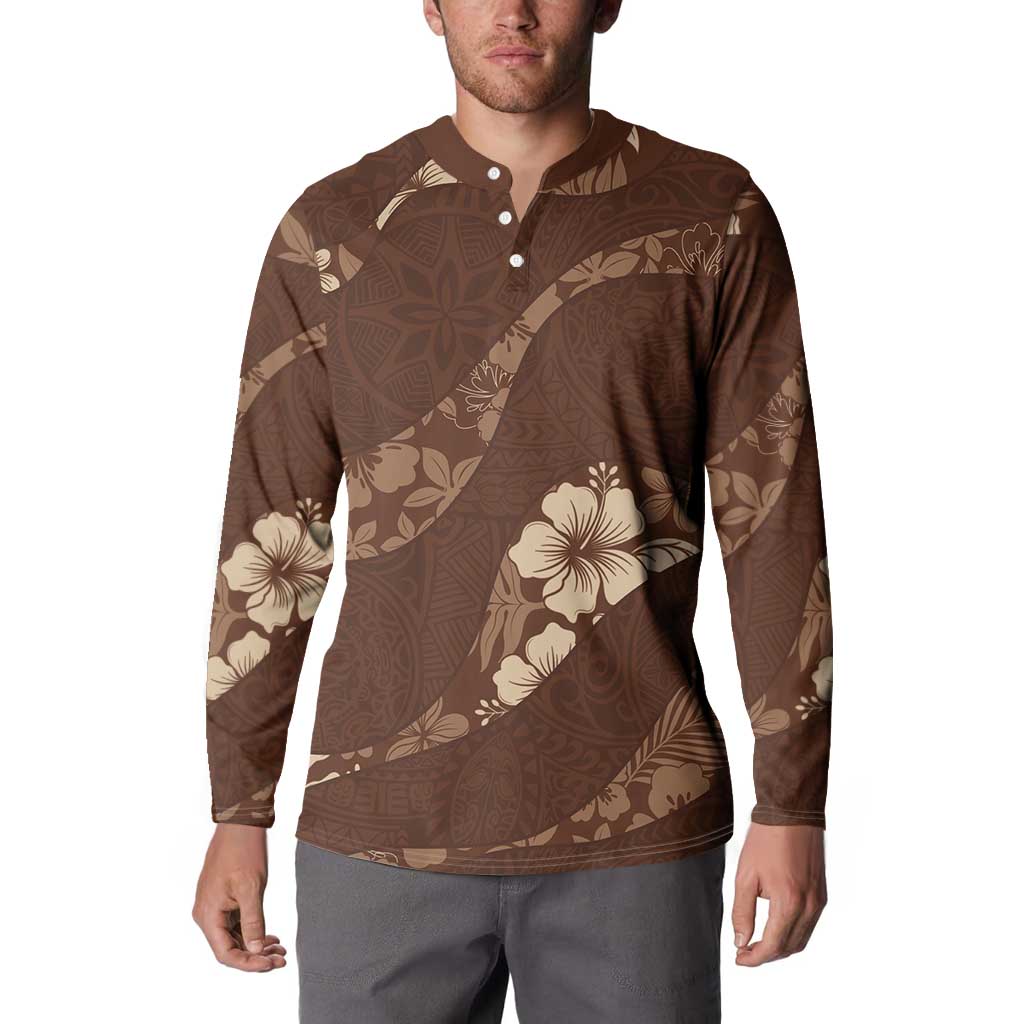 Aloha Hawaii Floral Tapa Button Sweatshirt Patchwork Mocha - Polynesian Pride
