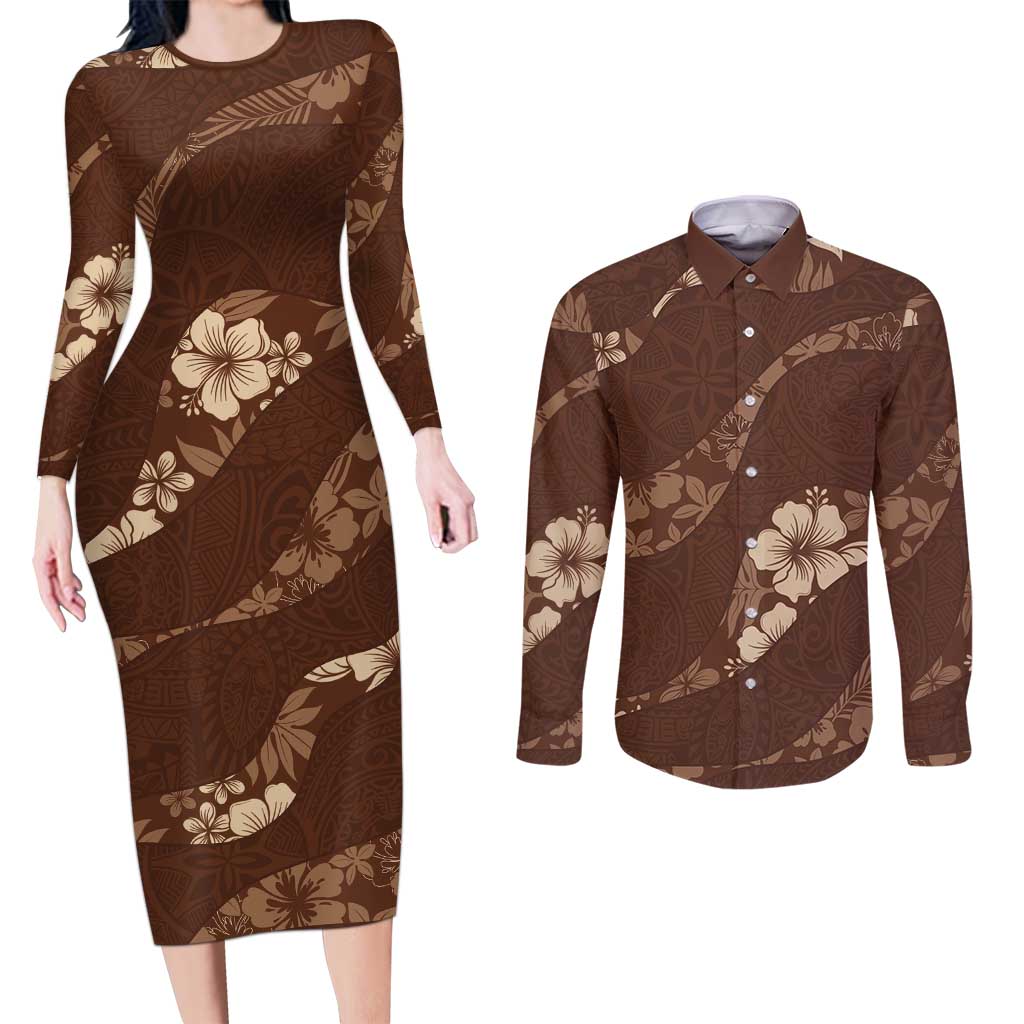 Aloha Hawaii Floral Tapa Couples Matching Long Sleeve Bodycon Dress and Long Sleeve Button Shirt Patchwork Mocha LT7 Mocha - Polynesian Pride