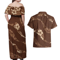 Aloha Hawaii Floral Tapa Couples Matching Off Shoulder Maxi Dress and Hawaiian Shirt Patchwork Mocha - Polynesian Pride