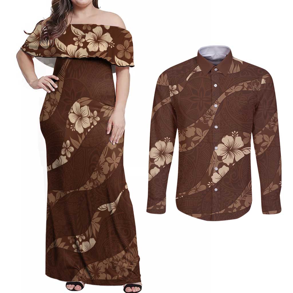 Aloha Hawaii Floral Tapa Couples Matching Off Shoulder Maxi Dress and Long Sleeve Button Shirt Patchwork Mocha LT7 Mocha - Polynesian Pride