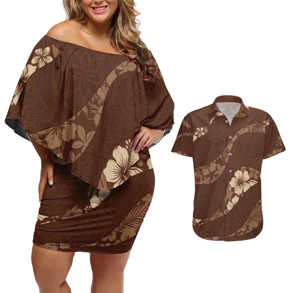 Aloha Hawaii Floral Tapa Couples Matching Off Shoulder Short Dress and Hawaiian Shirt Patchwork Mocha - Polynesian Pride
