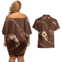 Aloha Hawaii Floral Tapa Couples Matching Off Shoulder Short Dress and Hawaiian Shirt Patchwork Mocha - Polynesian Pride