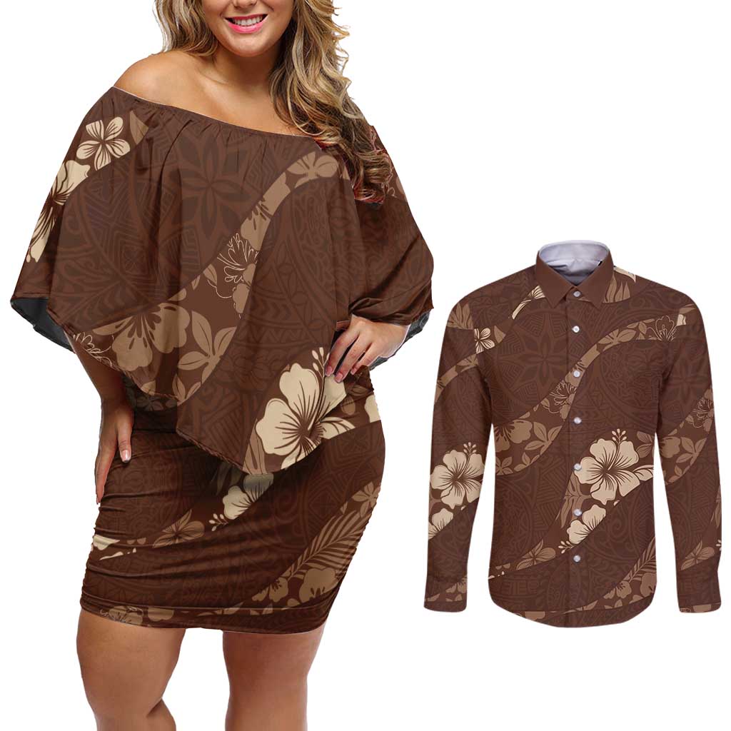 Aloha Hawaii Floral Tapa Couples Matching Off Shoulder Short Dress and Long Sleeve Button Shirt Patchwork Mocha LT7 Mocha - Polynesian Pride