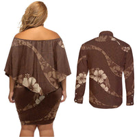 Aloha Hawaii Floral Tapa Couples Matching Off Shoulder Short Dress and Long Sleeve Button Shirt Patchwork Mocha - Polynesian Pride